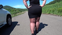 Chubby milf with a juicy PAWG in a short dress and nylon walking the public track Foot fetish in shoes and ASMR pounding of heels