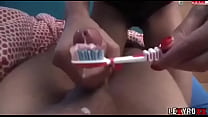 Hot girl brushing her teeth with sperm