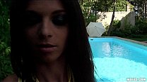 Sexy skinny tattooed Latina rides big-dick to orgasm by the pool