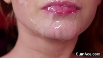 Unusual looker gets cumshot on her face swallowing all the cum