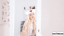 Small tits blonde dresses up as a nurse for a roleplay.She takes care of her busty gf and licks and fingers her cunt.She facesits her as shes rimmed