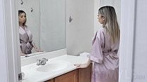 FULL SCENE on https://BestMYLF.com - Touching her bald pussy turns her on, so she uses a vibrator to pleasure herself on the bathroom counter