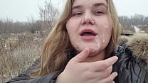 Cum on the face of a titsy cutie in front of the car