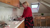 Two repairmen fuck busty grandma from both ends