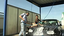 Hot brunette babe gets slippery ass fucking at car wash