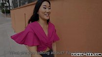 Asian babe flashes tits and screwed hard