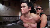 Master James Mogul vibrates brunette slave trainee Veruca James with hands in box tie then whips her ass while she is sucking huge cock to gimp in leather