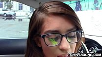 Sexy slim babe wearing glasses fucks dude to pay for parking and lets him jizz on her glasses.