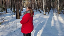 Chubby hitchhiking hottie in black leather leggings sucked cock in the woods and set up a huge juicy ass for a hard fuck right in the snow
