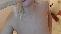 Blonde babe deepthroats dildo on webcam