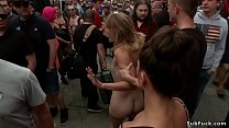 Ariel X and Bill Bailey dominate and fuck throat of blonde slave Mona Wales in public restroom then d. her bdsm folsom street fair