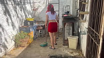 MY STEPDAUGHTER CLEANING THE YARD IN A SKIRT, HER ASS IS IRRESISTIBLE