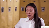 AdultMovs.com - Small tits Asian teen coed bends over on her teachers desk asking to be spanked for her bad paper.The 19yo deepthroats cock n fucks for a better grade