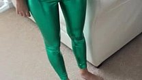 Sasha teasing in shiny green PVC panties