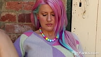 Nasty amateur babe with multi colored hair from Yanks Zahra masturbating her twat for orgasm outdoors