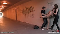 Big tits brunette Czeck babe Mona Lee is shackled and throat fucked by big cock master James Deen and pussy vibed by lezdom Princess Donna Dolore in public