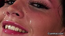 Frisky looker gets cumshot on her face swallowing all the cream