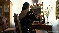 Big tits brunette shemale lady Vaniity seduces big boobs blonde MILF Dee Williams in makeup room and anal fucks her and rides her face
