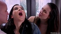Casey Calvert caught her stepsister Kasey Warner in bdsm sex with baldheaded master Derrick Pierce then she is bound and fucked too in threesome bdsm