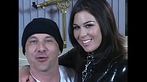 Sexy brunette on leash takes DP from two studs then takes two cumshots in ass