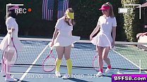 Tennis ladies gets to work sucking and licking the tennis pros fat racket