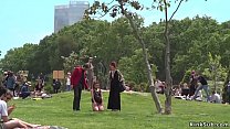 Alt mistress Silvia Rubi and master Steve Holmes made hot Spanish slut Julia Roca crawl in public park
