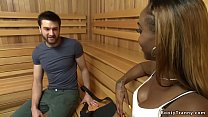 Big fake tits ebony shemale Kayla Biggs brings male protester Abel Archer in sauna and there puts him in rope bondage and fucks his ass with big dick