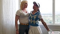 Shemale milf Lucy Hart teaches her tattooed gf to golf and gets horny.The brunette sucks her cock and rims the blonde tgirl.The big tits ts fucks her