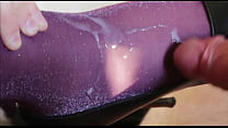 Footjob and sperm on violet nylon