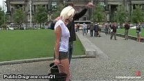 Chained blonde humiliated and fucked in public