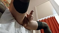 Guy cums wearing stockings