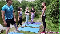 Clothed yoga babes suck