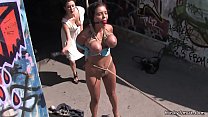 Romanian brunette hottie with huge tits throat and pussy banged by huge dick outdoors till gets facial