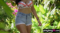 Glamorous Aussie taking off her lingerie and posing in the garden