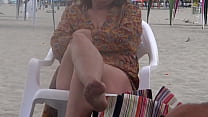 I flash myself on the beach and my husband's friend, very excited, shows me his hard cock and we have full sex