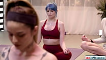 HotforTrans.com - Blonde ts yoga teacher Emma Rose grabs big tits students ass during class.The small tits tgirl sticks her shemale cock in her pussy and fucks her