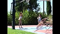Couple of young lesbians have great pleasure fucking at the patio