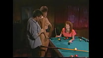 Sexy babes and horny stud fucking cute babes pussy as she lays on the pool table