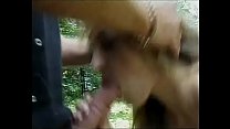 Horny slut teen is sucking cock and swallowing outside