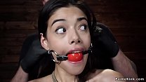 Tied with her hands box tied behind her petite slut gets gagged