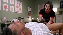 Busty brunette Asian doctor fingering her black patients ass and massages his prostate