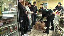 Collared with leather strap ebony slut Yasmine de Leon is brough by Princess Donna Dolore and Xander Corvus in public bakery and anal fucked