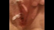 Wife fucks pussy with dildo and I cum on her pretty pink pussy close-up