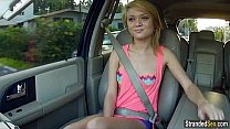 Petite blonde beauty shows her body to a driver and fucks him