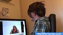 Brunette cam girl accepts an invitation by nerd perv