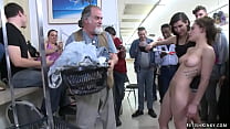 Big cock Astral Dust anal fucks bound brunette babe Nikita Bellucci while mistress Princess Donna Dolore helping him in crowded public laundromat