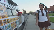 Sweet Stephanie buying popsicle and the guy invite inside a van. the guy licking her pussy and strip off her panty. She blowjob a dick with popsicle. She fucking hardcore dogging until cumming and closeup pussy