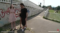 Dominatrix Sandra Romain dominating an busty British slut Crystal Sparx and with James Deen humiliating and fucking her outdoors in public places