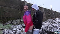 Amateur couple showing horny public fuck in winter time