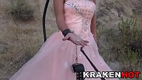 Submissive blonde in an amateur BDSM video outdoor
